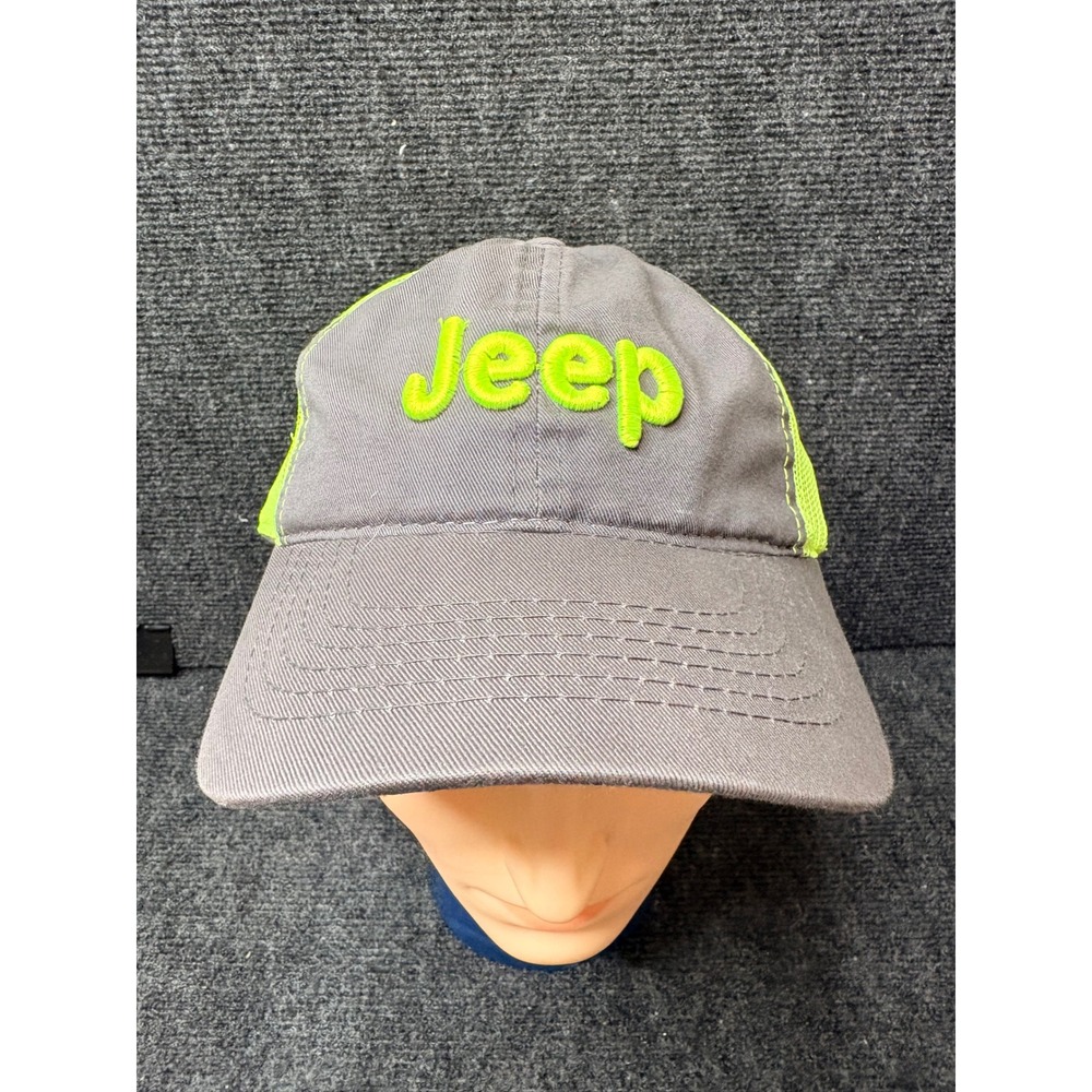 Jeep Trucker Hat Gray Neon Lime Green Embroidered Logo Adjustable Mesh Cap
